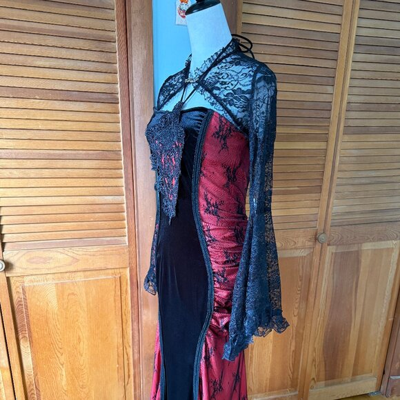 Gothic Victorian Vampire Bloody Garden of Delight Black & Red Lace Velvet Gown - Picture 7 of 15